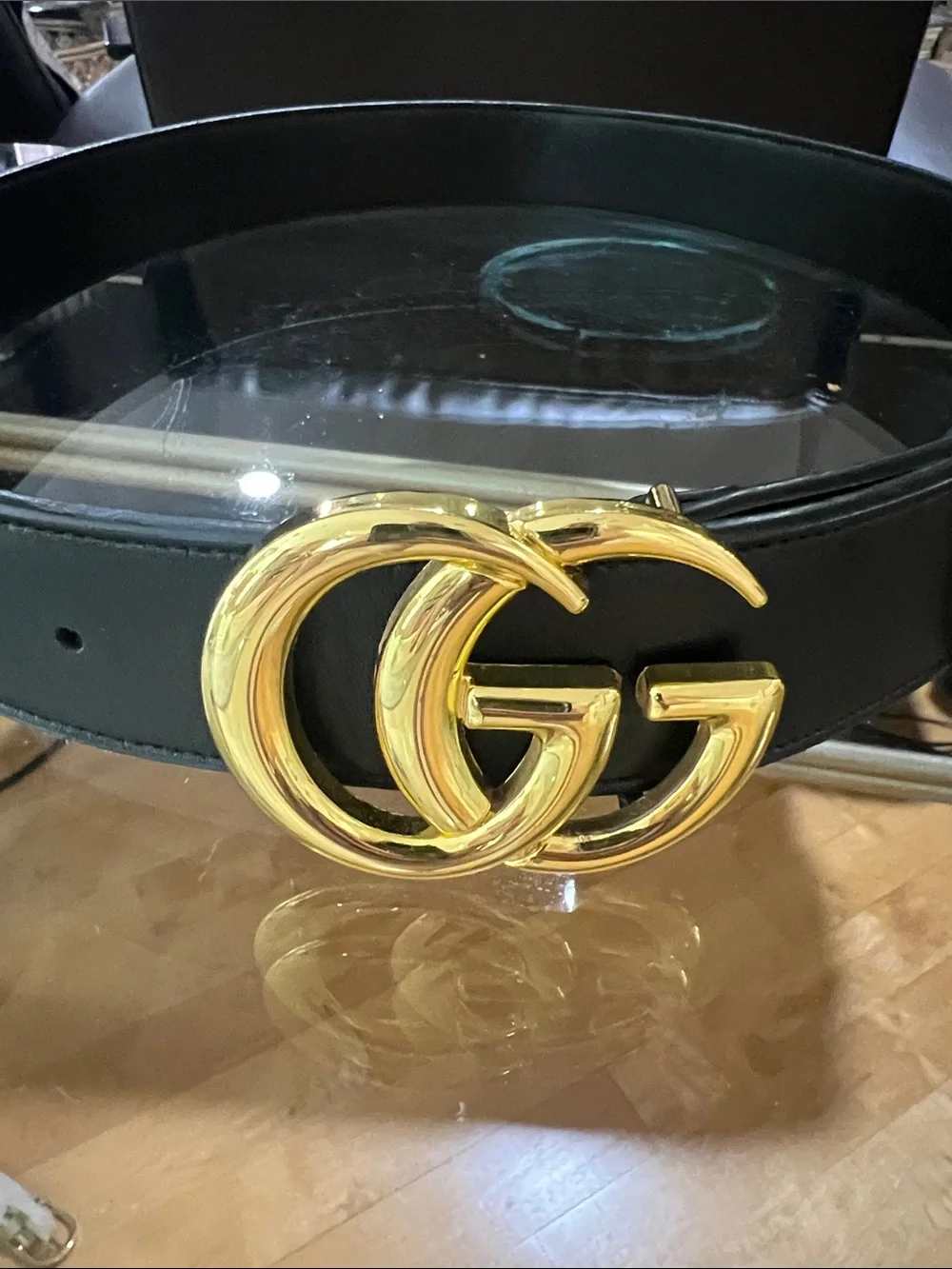 Gucci Black Leather Belt with Gold Double G Buckle